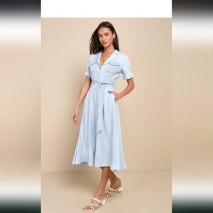 Light Blue Utility Shirt Dress with Waist Tie, Fits More Like A Medium, Neveworn